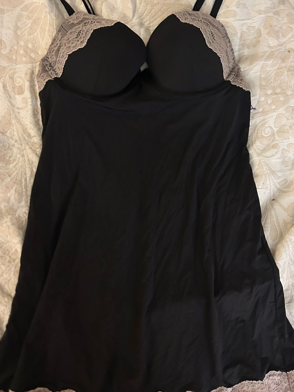 Victoria's Secret Black Slip Skirt with Taupe Lace Trim